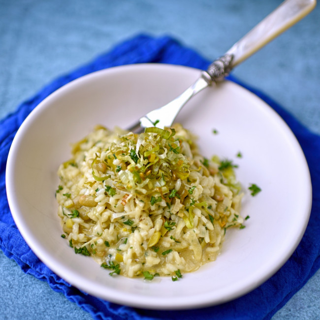 flageolet bean and crispy leek risotto with truffle oil